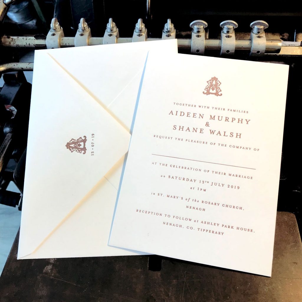 Single colour copper on 100% cotton wedding invitation